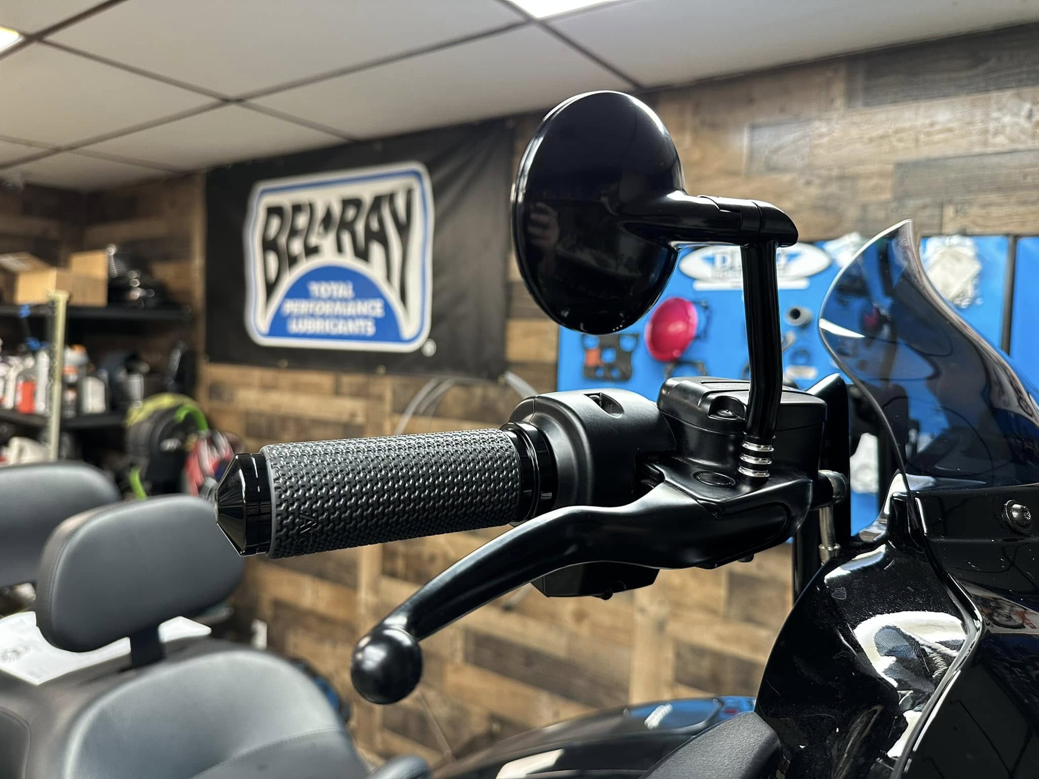 Handlebars of a motorcycle at Gilbane Motorsports